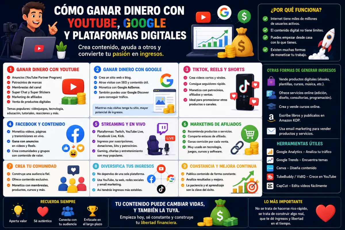 Cómo ganar dinero con YouTube, Google y plataformas digitales en 2026