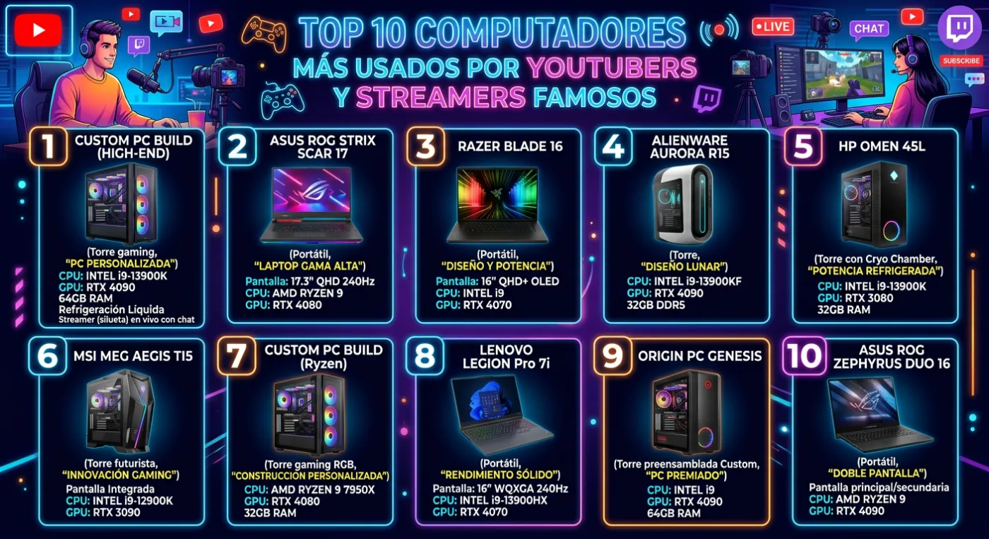 Top 10 computadores más usados por youtubers y streamers famosos