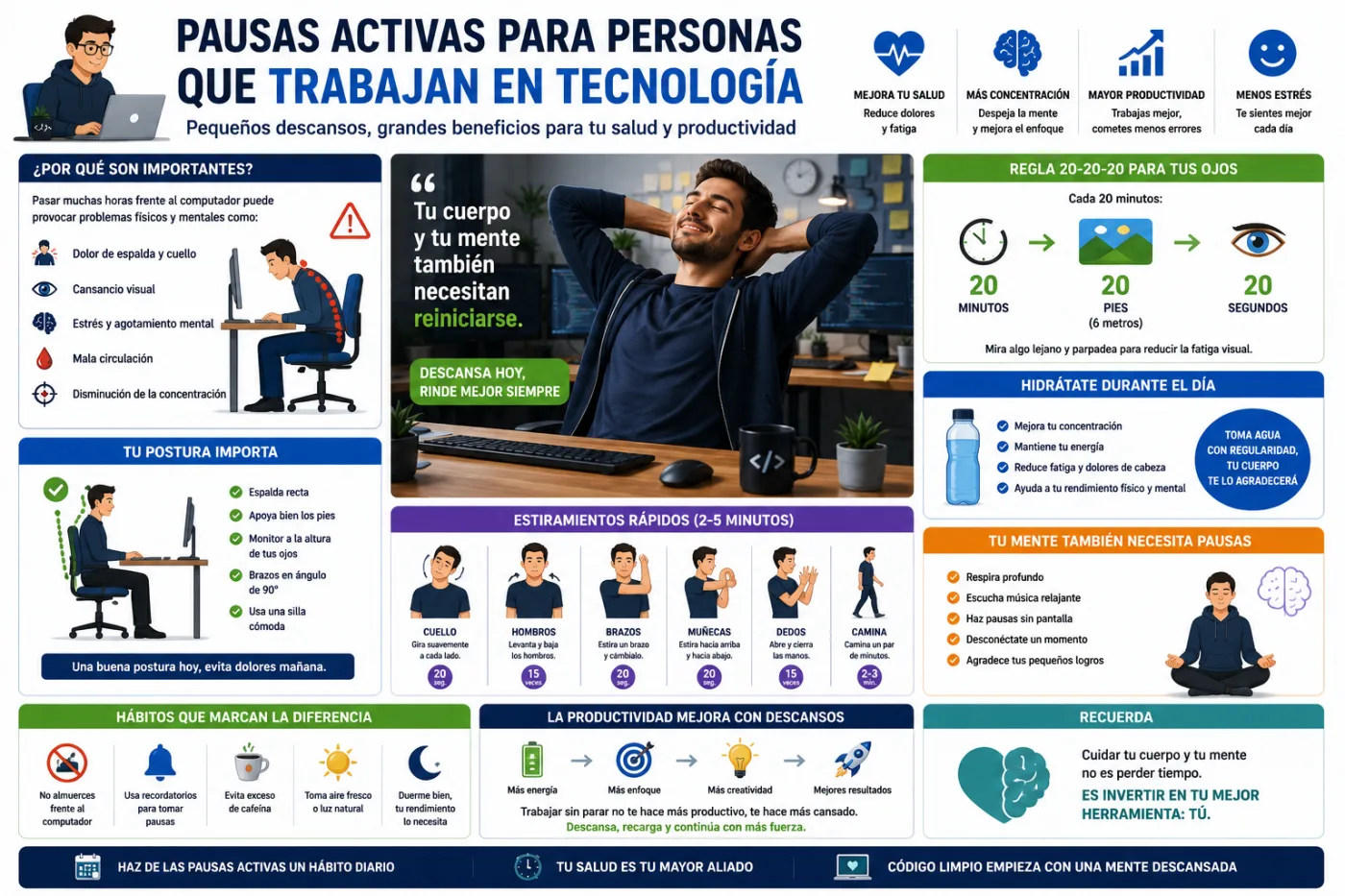 Pausas activas para personas que trabajan en tecnología: pequeños descansos que pueden mejorar tu salud y productividad