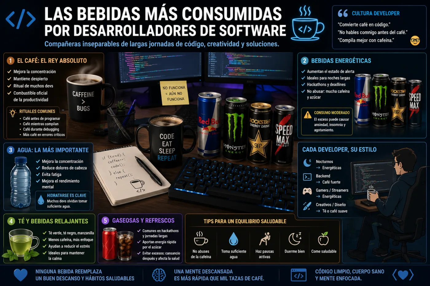 Las bebidas más consumidas por desarrolladores de software: café, energéticas y mucho código