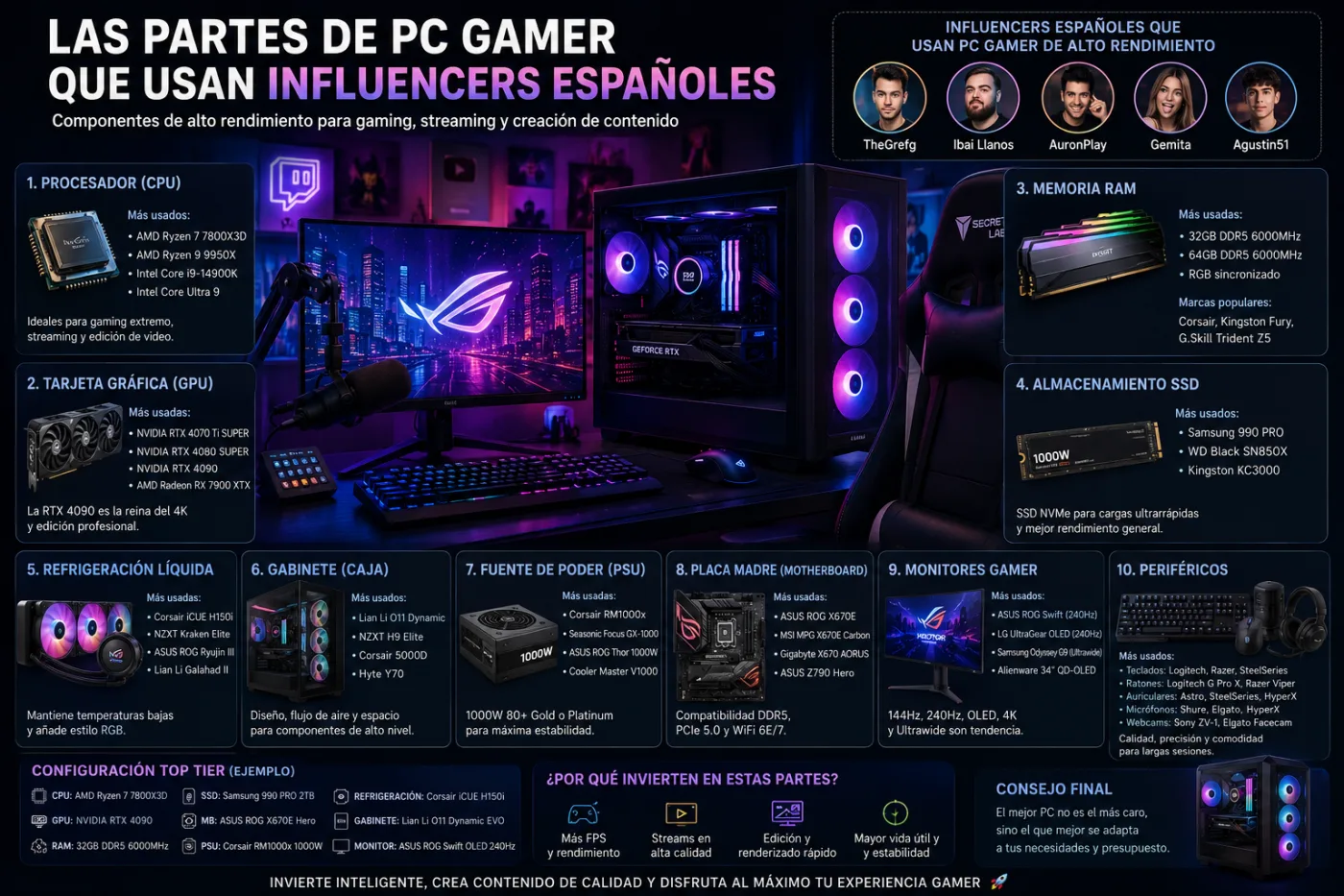 Las partes de PC gamer que usan muchos influencers españoles en 2026